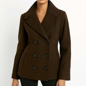 Merona Pea Coat Brown Wool Blend Double Breasted Long Sleeve Pockets Siz…